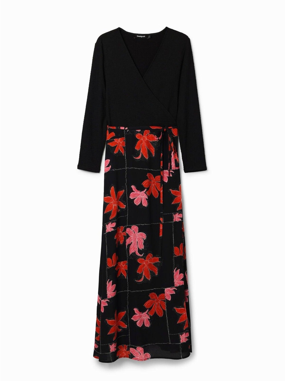 Desigual Black Midi Dress with Red & Pink Floral Blocks - Picture 2 of 2